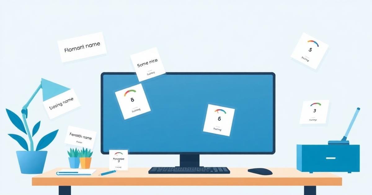 لوحة عمل لاختيار اسم نطاق مع بطاقات أسماء ومؤشرات تقييم