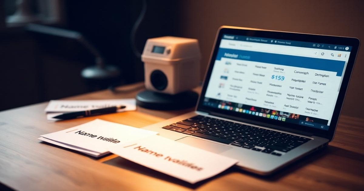 لوحة عمل لاختيار اسم نطاق مع بطاقات أسماء ومؤشرات تقييم