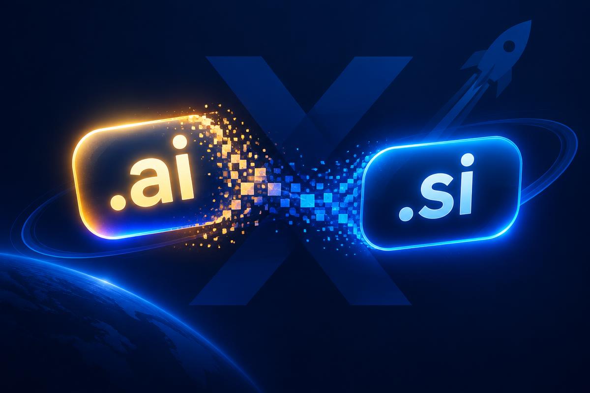 شارة نطاق .ai تتحول إلى شارة .si أمام شعار X وصاروخ، ترمز إلى تحول المصطلح من AI إلى SI