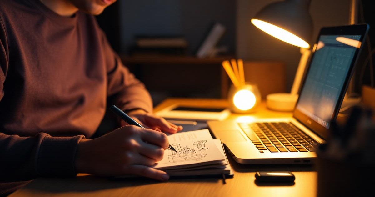 مساحة عمل بسيطة مع حاسوب وأوراق أفكار أسماء نطاقات